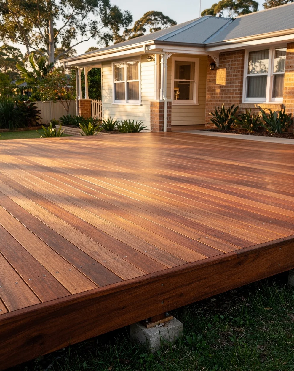 A new merbau deck off the back of a Central Coast home, with a glass balustrade and stairs to the yard