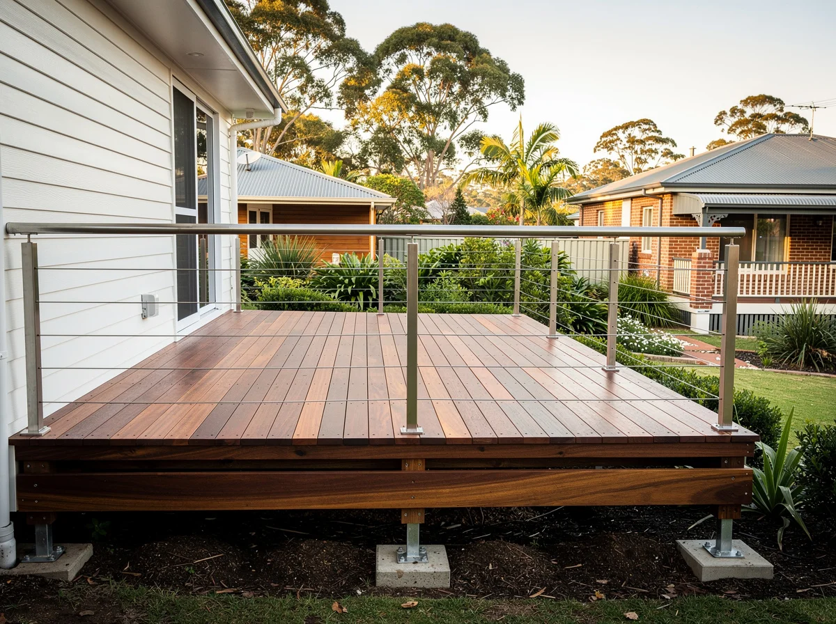 A finished merbau deck off the rear of an Erina weatherboard home, with a stainless cable balustrade