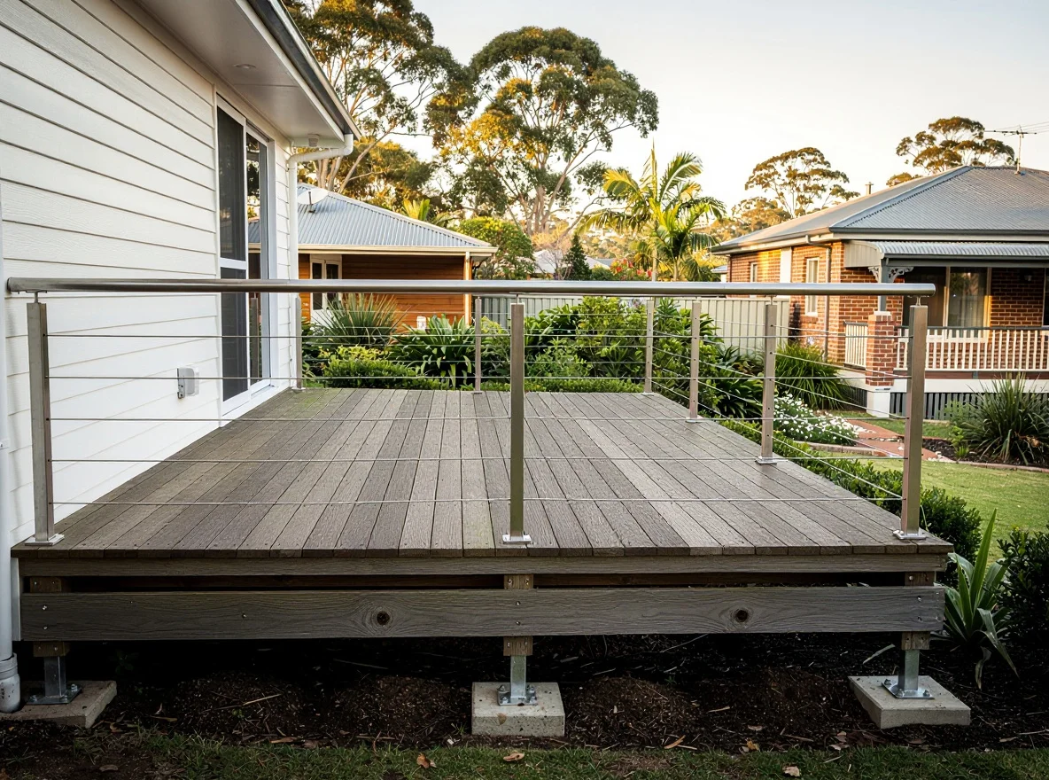 The same Erina home before, with a tired faded twenty-year-old pine deck and a rotting timber rail