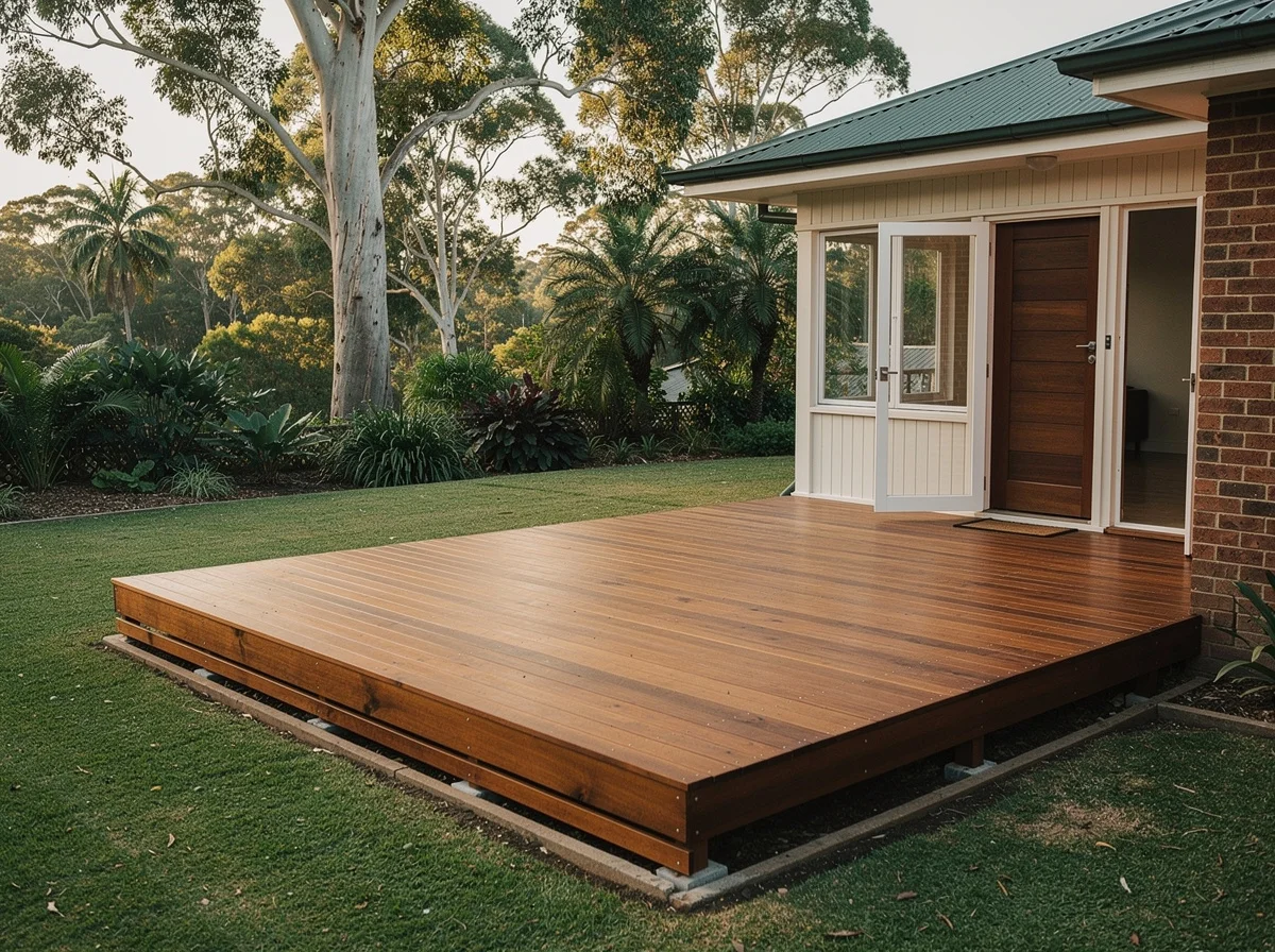 A ground-level treated pine deck across the rear of a Gosford brick home, flush with the back door
