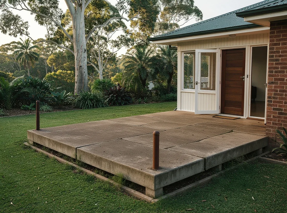 The same Gosford home before, with a tired cracked concrete patio and weeds along the edge