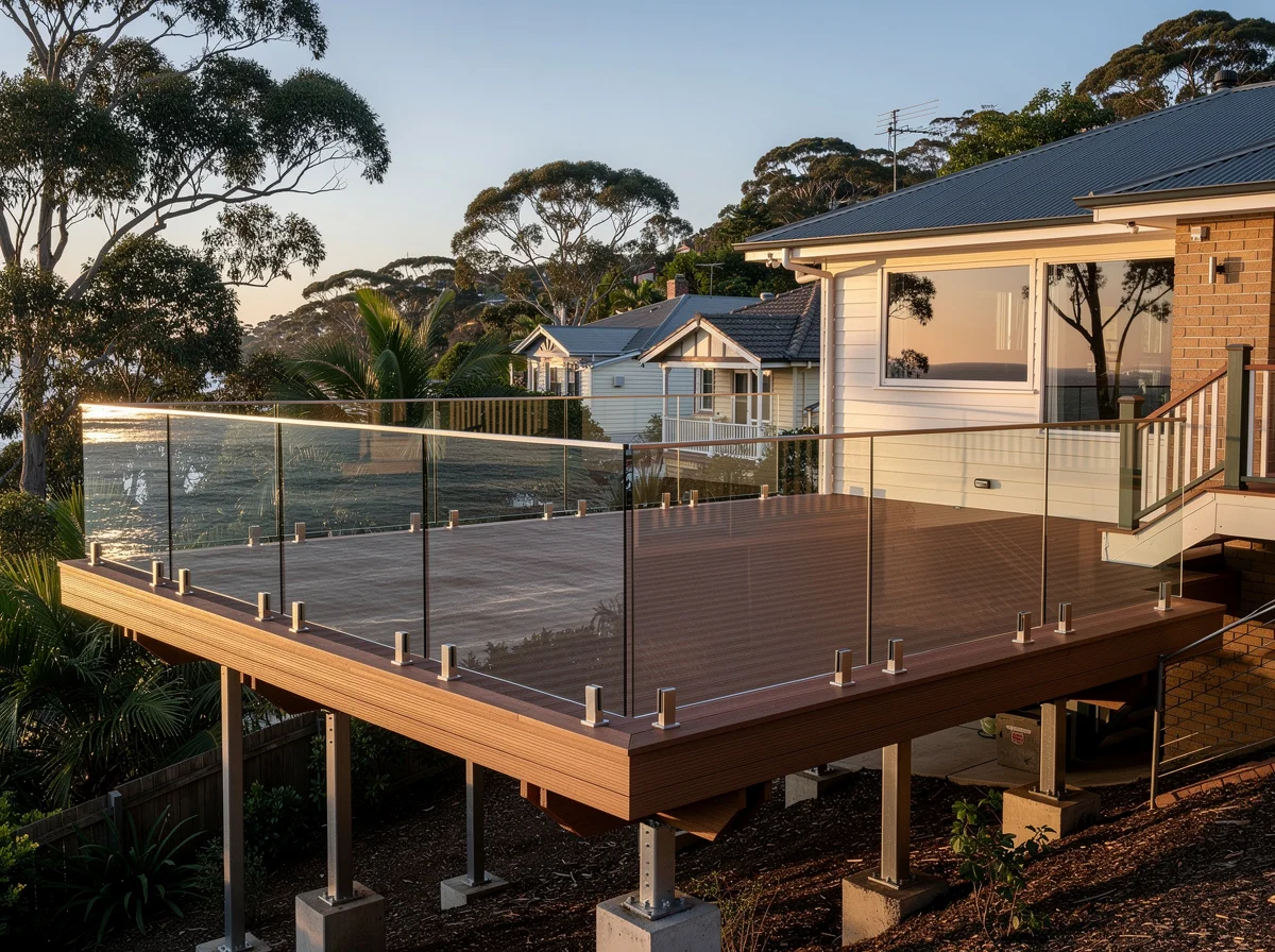 An elevated composite deck on a Terrigal hillside home with frameless glass balustrade over the water