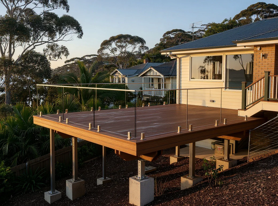The same Terrigal home before, with a dated 1990s timber deck and a low timber rail blocking the water view