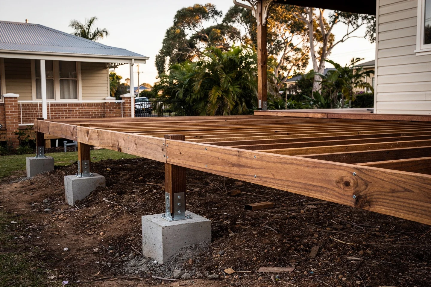 A properly built deck substructure with galvanised post brackets above grade on concreted footings